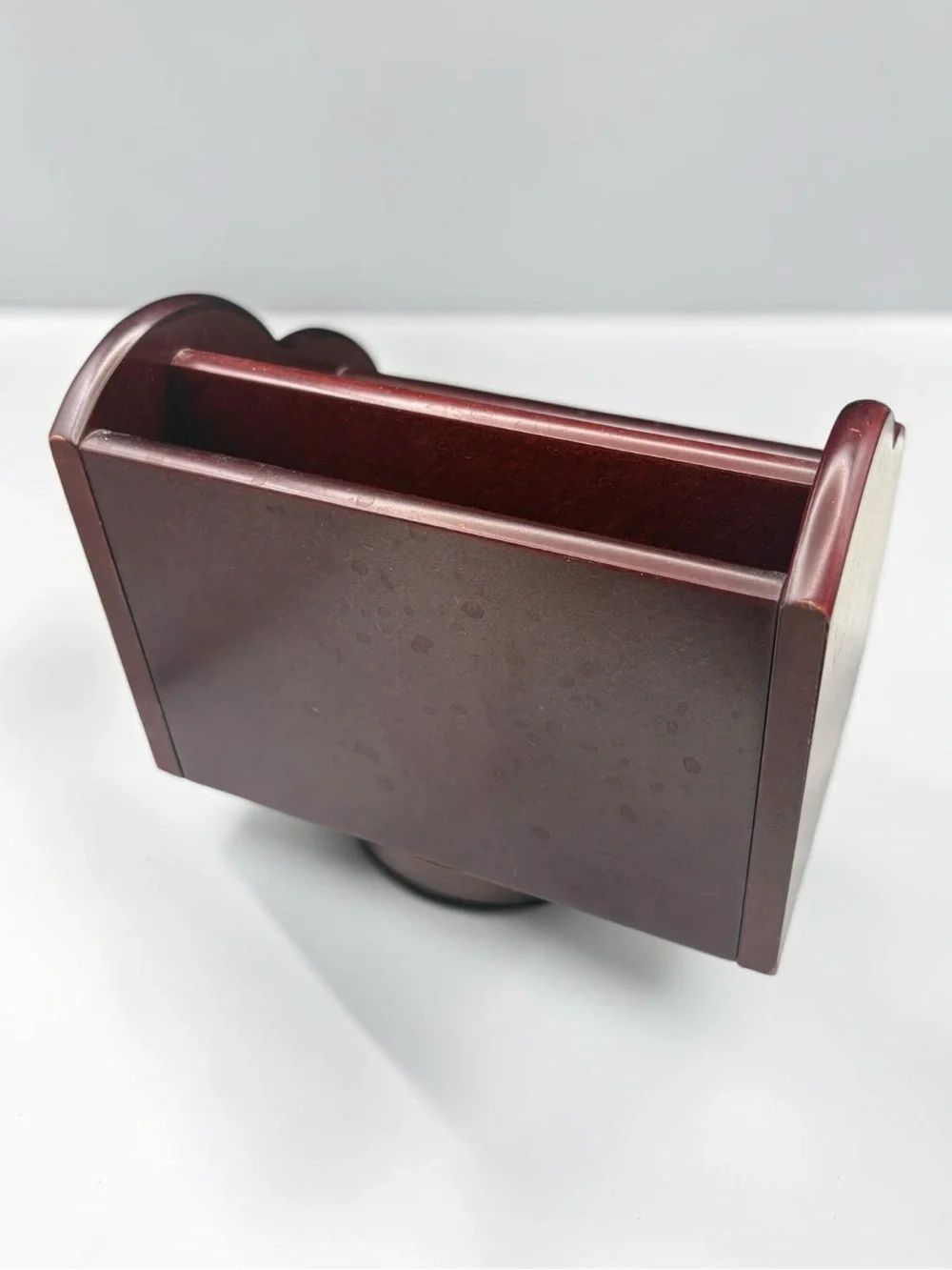Vintage Cherry Colored Wood Rotating Desk Organizer Napkin Letter Holder 7x6.5”
